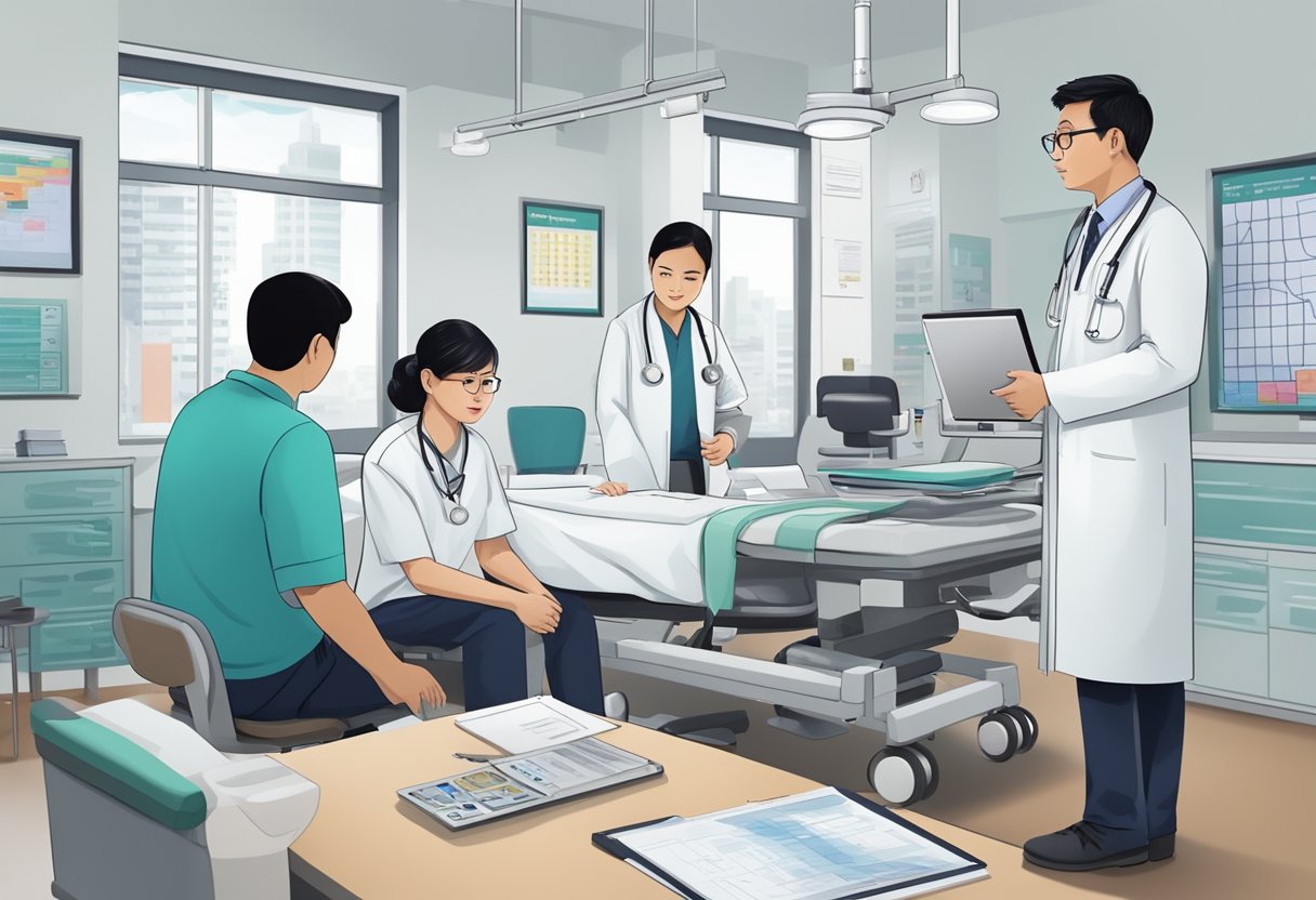 A heart doctor in a Singapore hospital, surrounded by medical equipment and charts, consulting with a patient's family