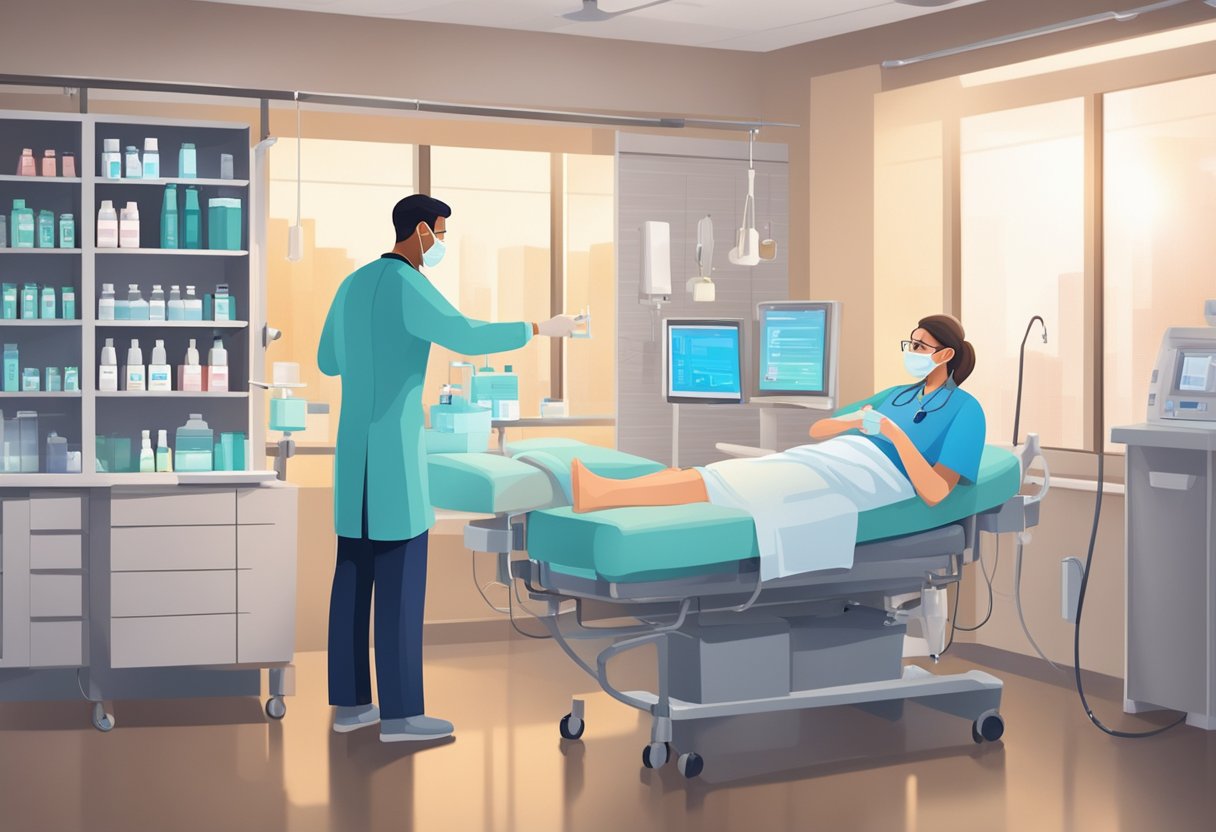 A doctor administers medication to a patient with heart failure. IV bags, pills, and medical equipment are visible in the treatment room