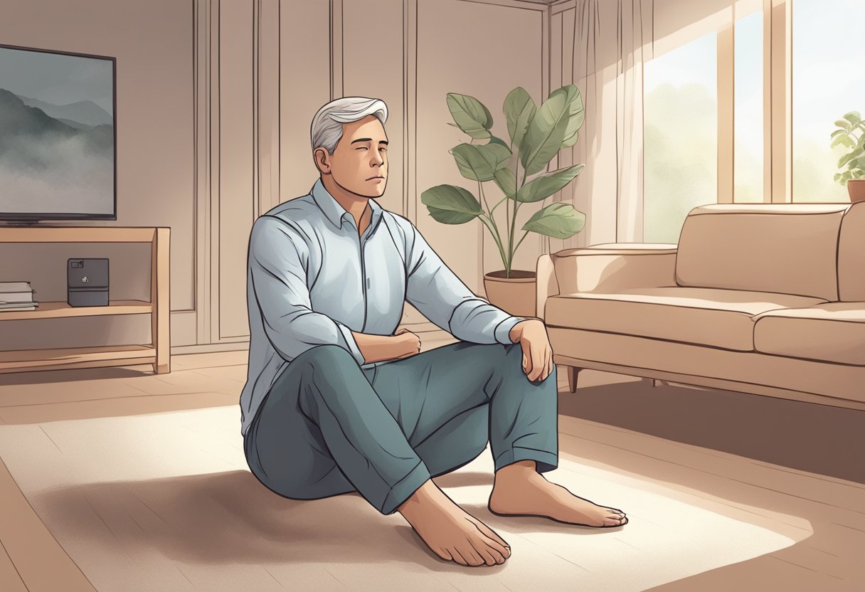 A person sitting in a quiet room, practicing deep breathing exercises with a calm expression on their face