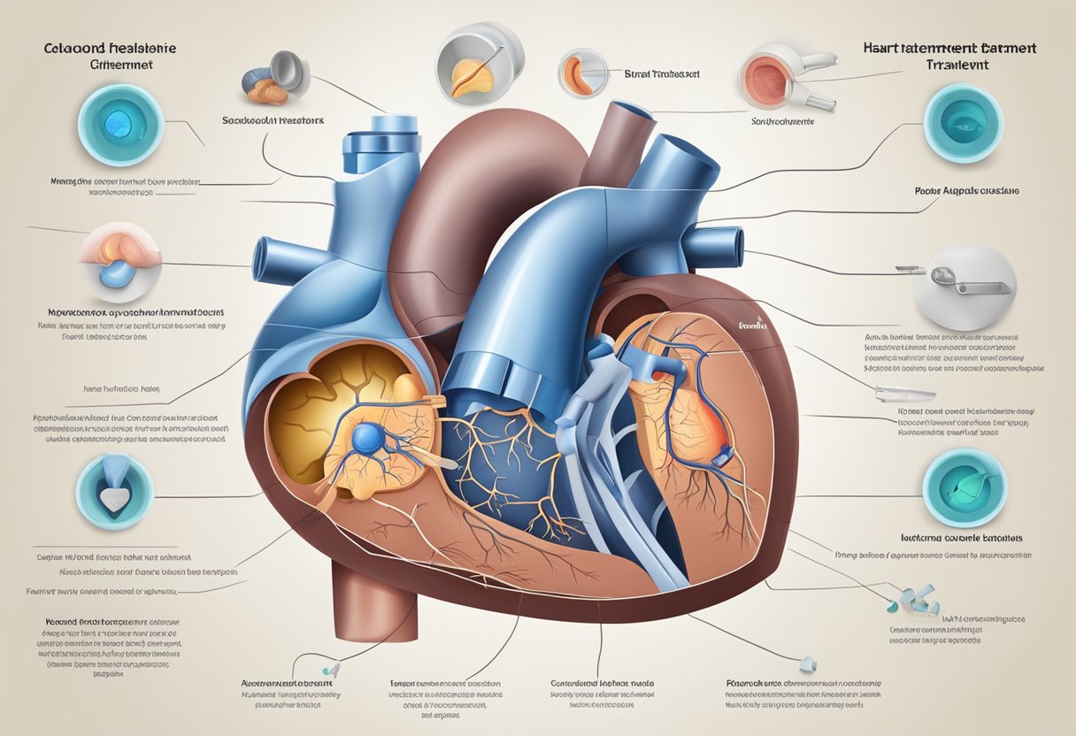 A heart valve diagram with labeled diagnosis and treatment options