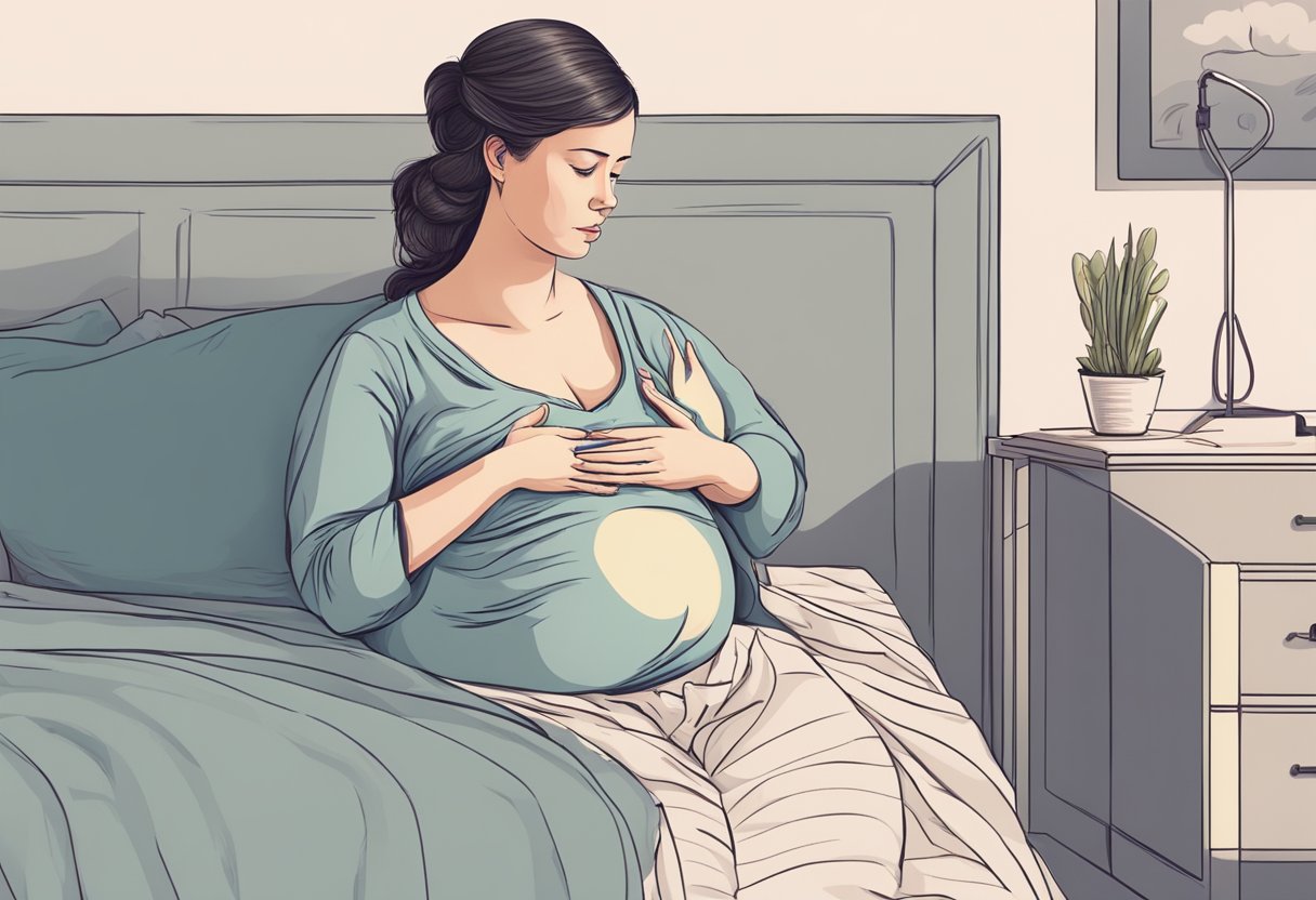 A pregnant woman sitting on a bed, holding her chest with a worried expression as she feels her heart palpitations