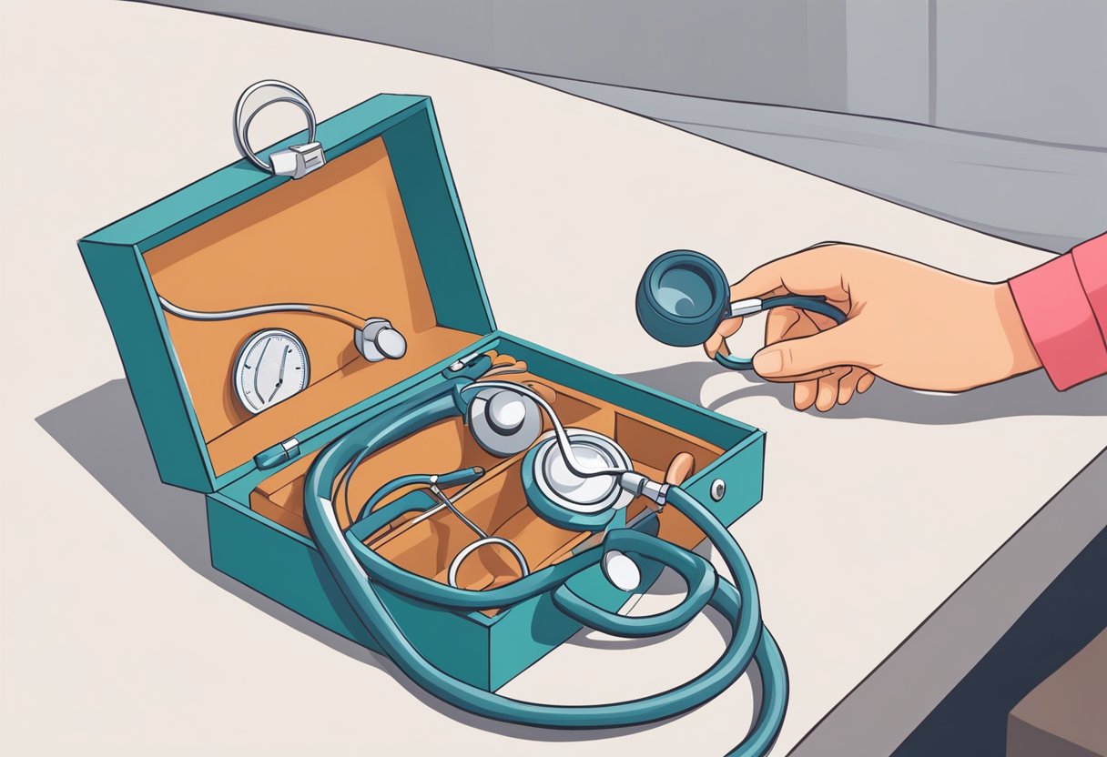 A person placing a stethoscope on a model of a chest to check for heart blockage at home