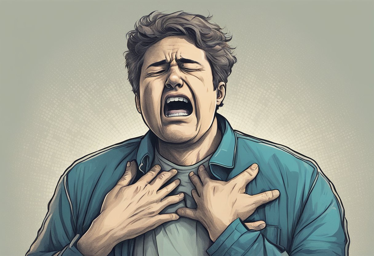 A person clutching their chest in pain, with a grimace on their face