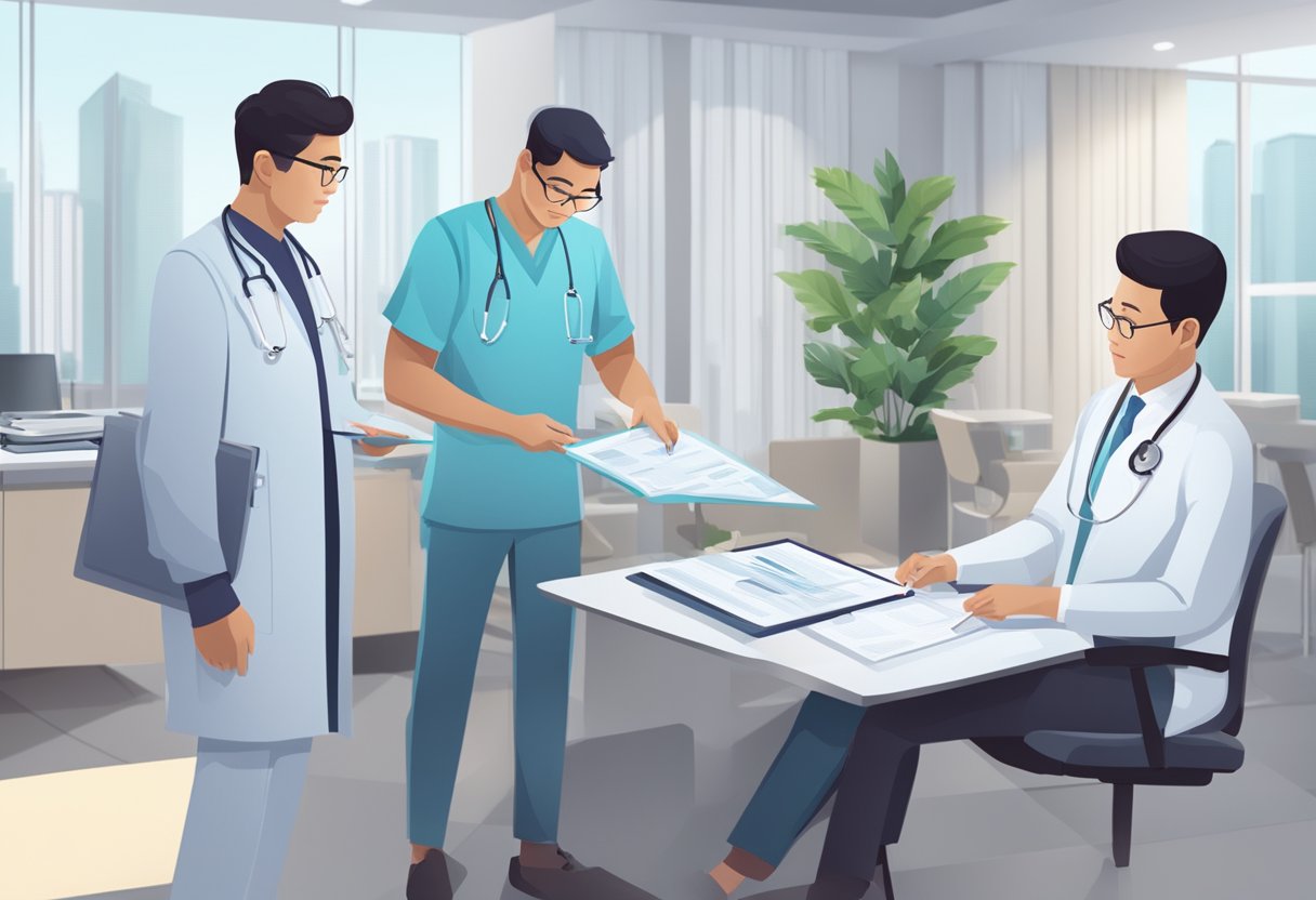 A cardiologist in Singapore reviewing patient charts and discussing treatment options with a team of medical professionals