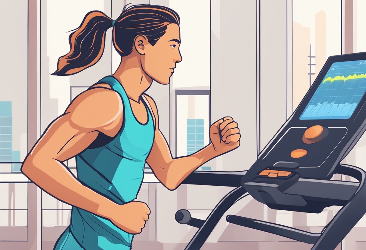 A person running on a treadmill with a heart rate monitor displaying increasing beats per minute