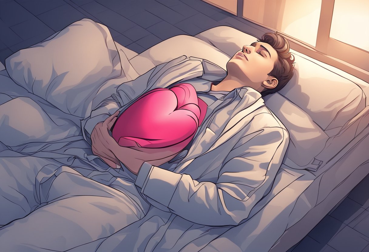 Heart beats rapidly in the stillness of night, thumping against the chest, as the body rests in a reclined position