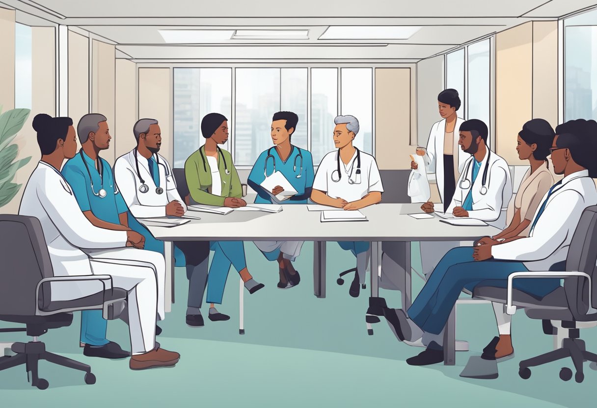 A group of healthcare professionals discussing lifestyle interventions and supportive care for heart failure treatment in a hospital conference room