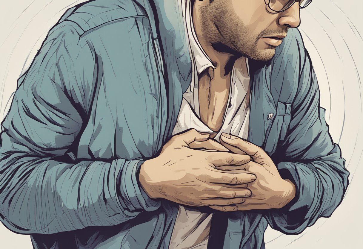 A person clutching their chest in pain, with a distressed expression on their face, while holding their stomach
