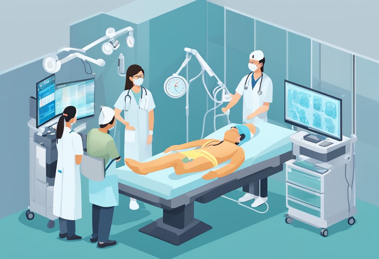 A heart doctor in Singapore providing comprehensive care, surrounded by advanced medical equipment and a team of dedicated professionals