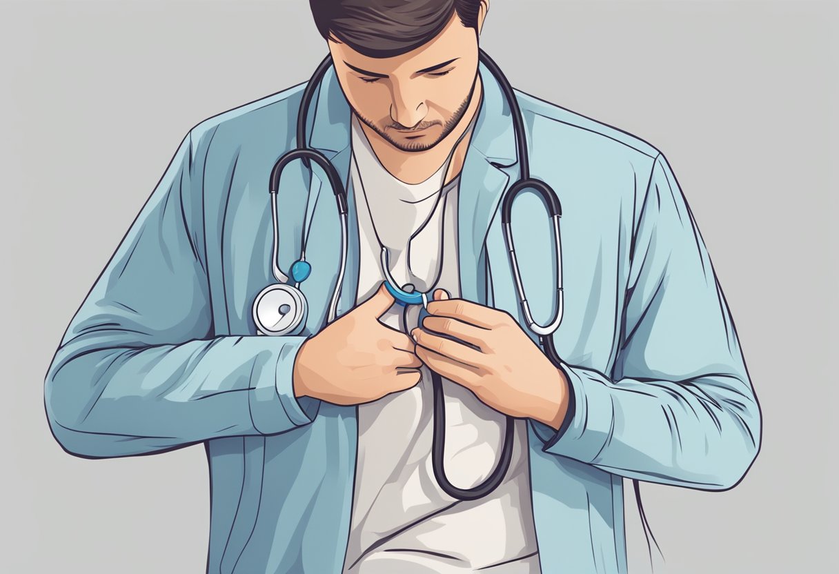 A person placing a stethoscope on a chest, listening for irregular heartbeats. A chart showing common symptoms and risks of heart blockage in the background