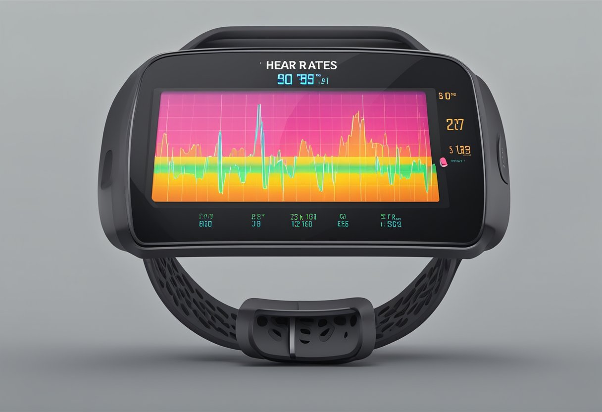 A heart rate monitor displays fluctuating heart rate data during a workout