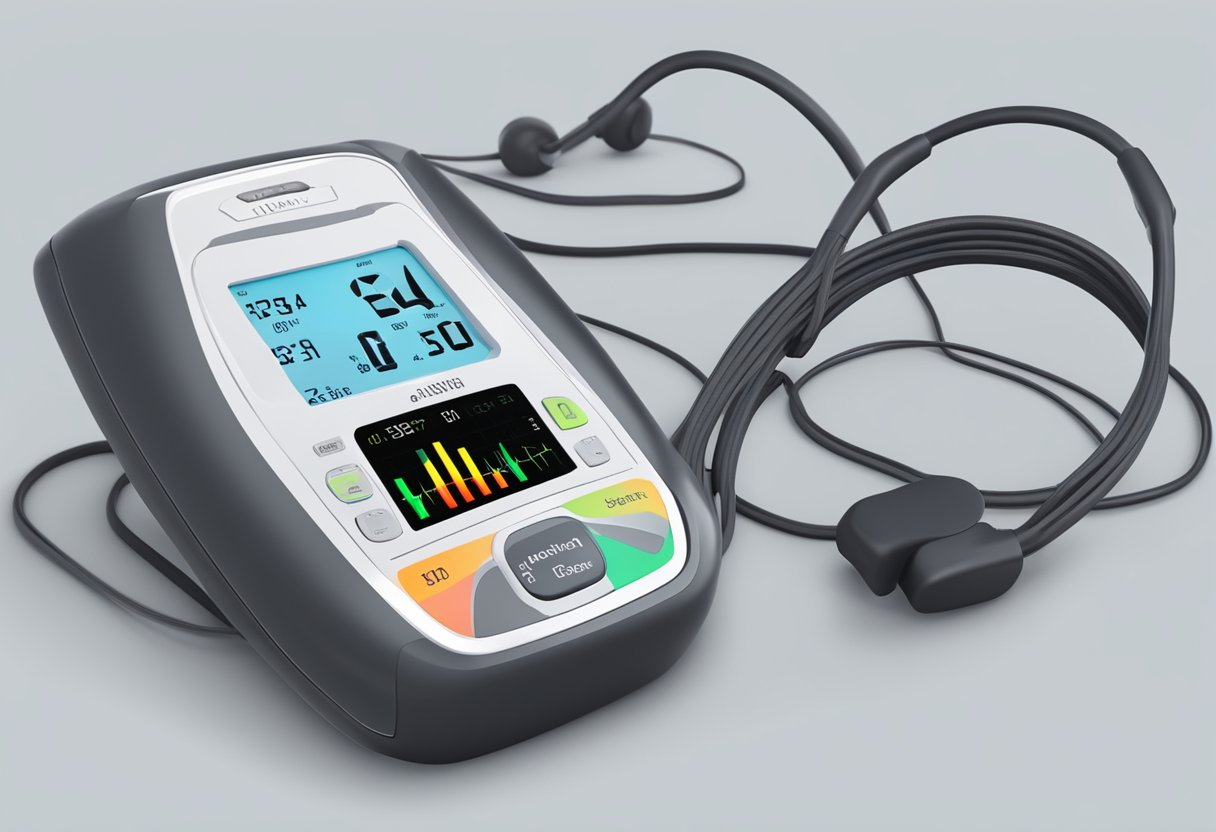 A heart rate monitor displays a steady increase in heartbeats during exercise, with safety equipment nearby