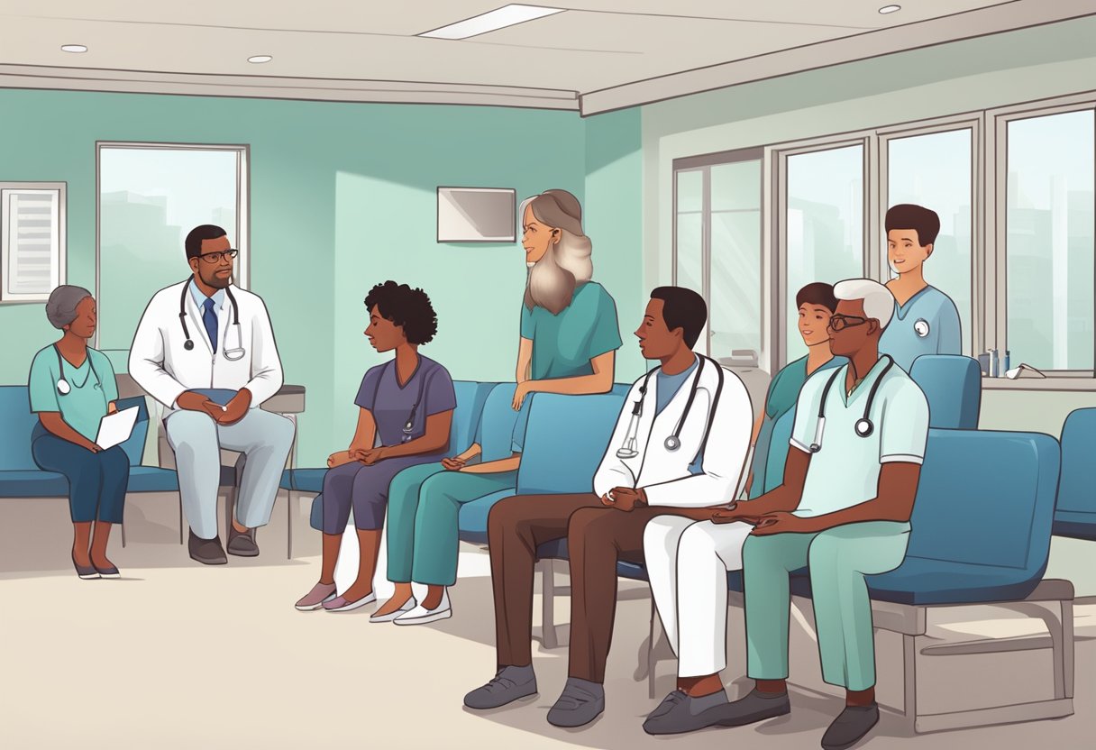 A doctor explaining heart failure treatment options to a group of attentive patients in a hospital waiting room