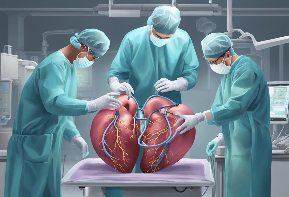 A surgeon performs a heart transplant in a sterile operating room. The new heart is carefully placed into the patient's chest, connected to the surrounding blood vessels