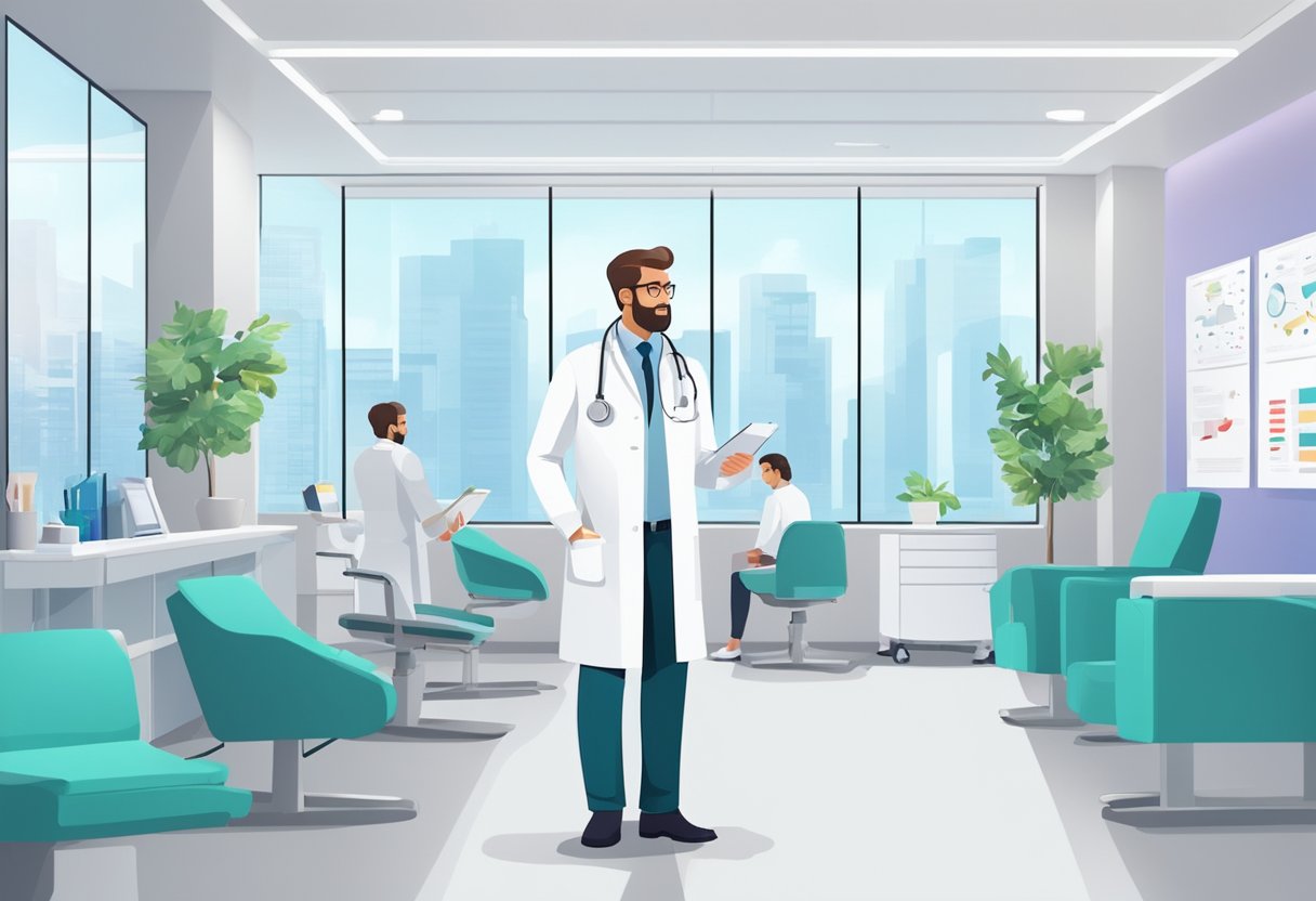 A doctor in a white coat stands in a modern clinic, surrounded by medical equipment and charts. Patients sit in the waiting area, flipping through informational brochures