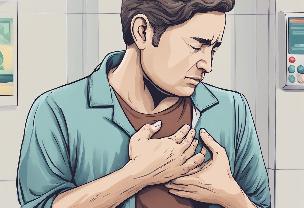 A person clutching their chest in pain, seeking help at a medical facility for gastric heart pain