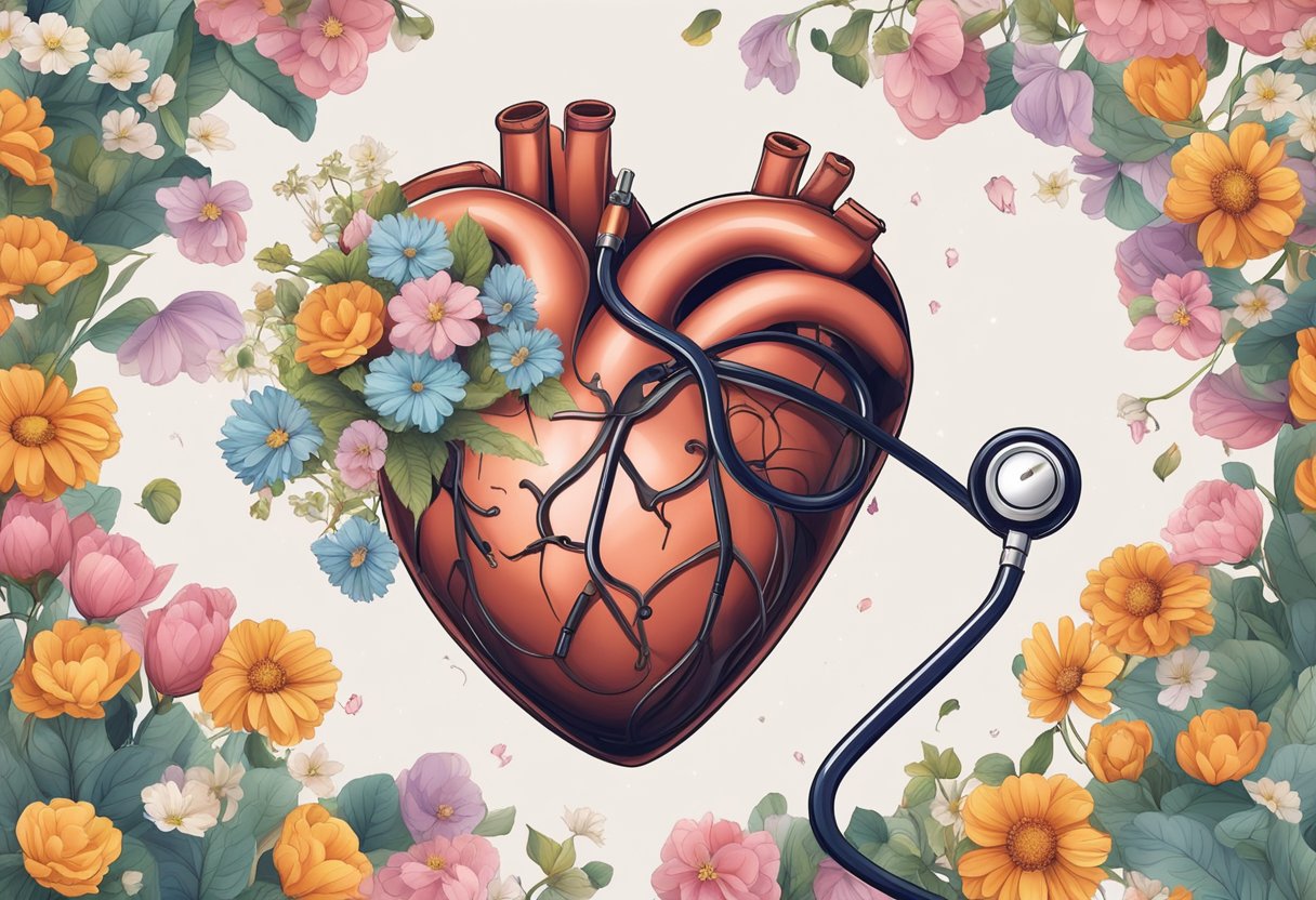 A heart-shaped balloon deflating, surrounded by wilted flowers and a broken stethoscope