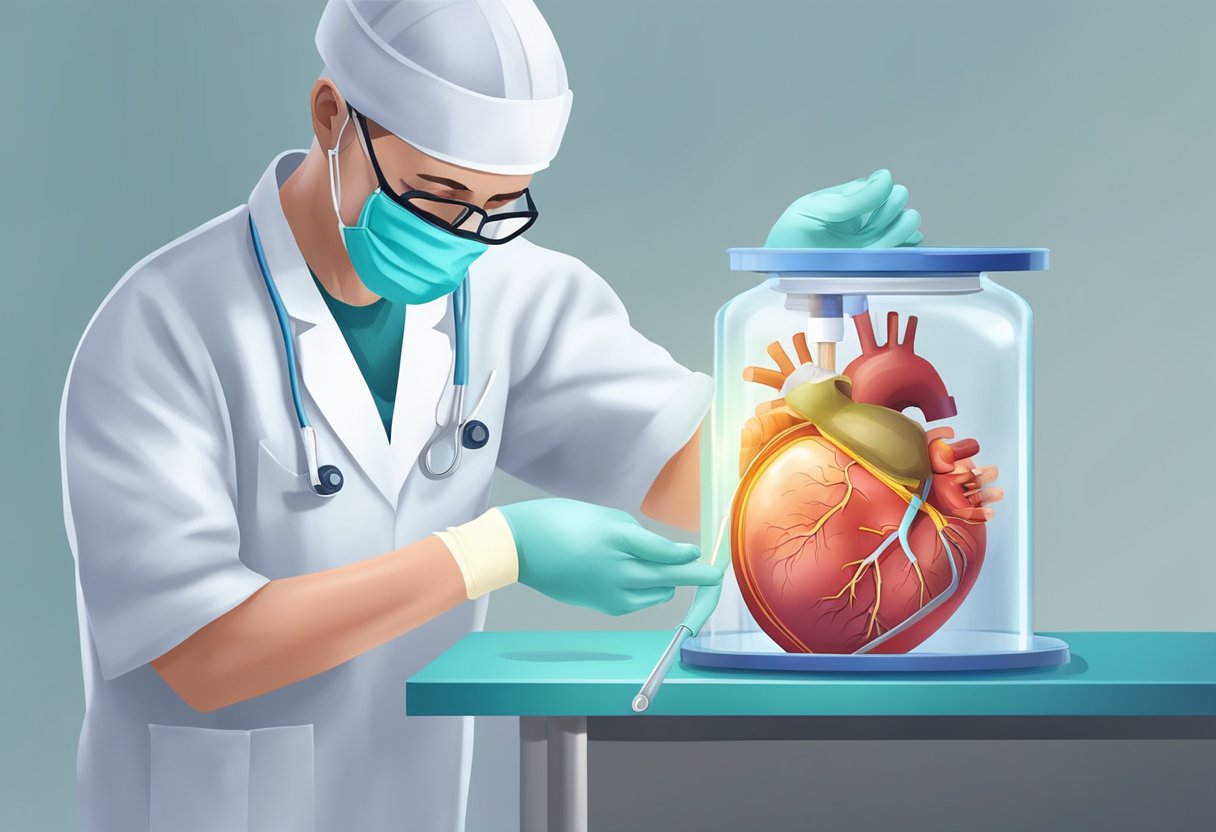 A surgeon carefully removes a healthy heart from a sterile container, ready to be transplanted into a patient with heart failure