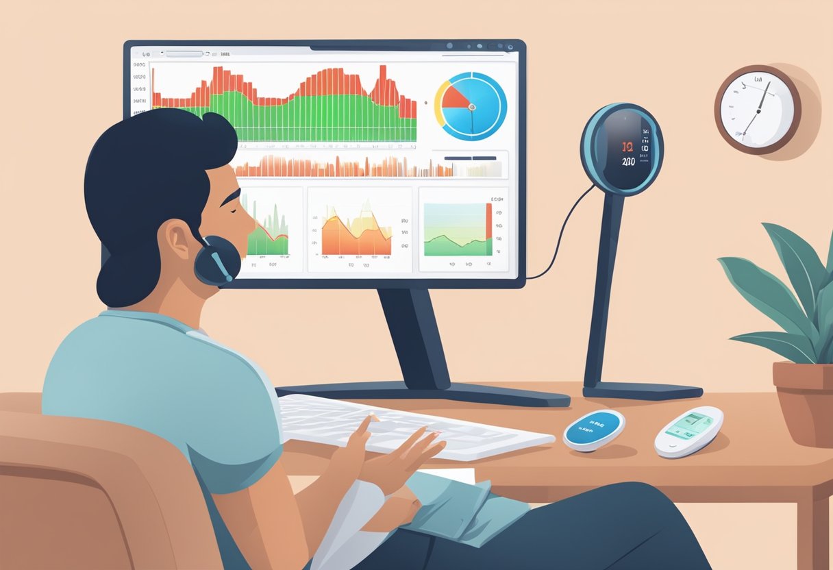 A person using a heart rate monitor at home, with a chart showing normal and abnormal heart rates