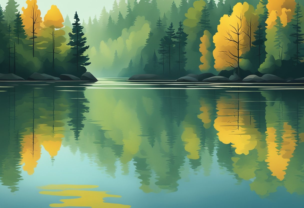 A calm lake reflects the stillness of the surrounding forest, with ripples barely disturbing the water's surface