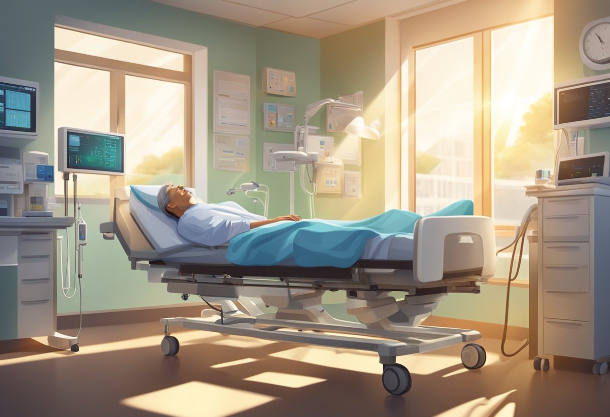 A patient reclines in a hospital bed, surrounded by medical equipment. Sunlight streams through the window, casting a warm glow on the peaceful scene