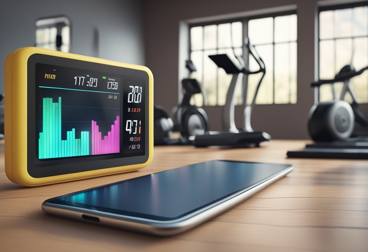 A digital display showing heart rate monitor with workout equipment in the background