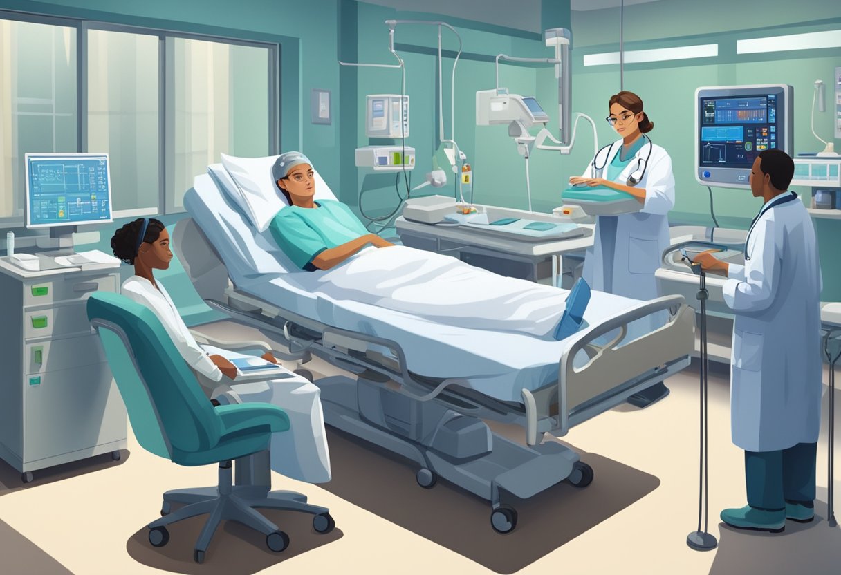 A patient lies in a hospital bed, surrounded by medical equipment. A team of doctors and nurses monitor the patient's vital signs and adjust the IV drip. The room is quiet, with a sense of focused determination