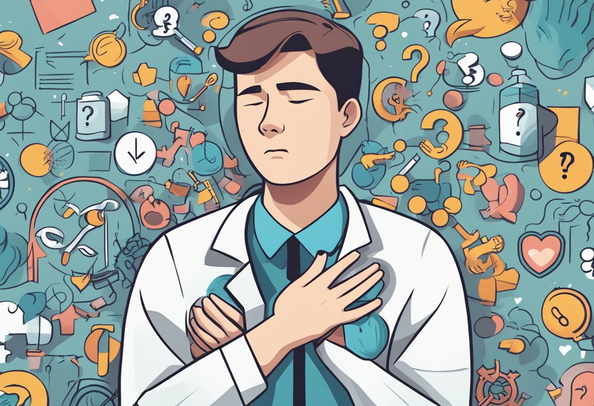 A person clutching their chest in discomfort, with a pained expression on their face, while surrounded by question marks and medical symbols
