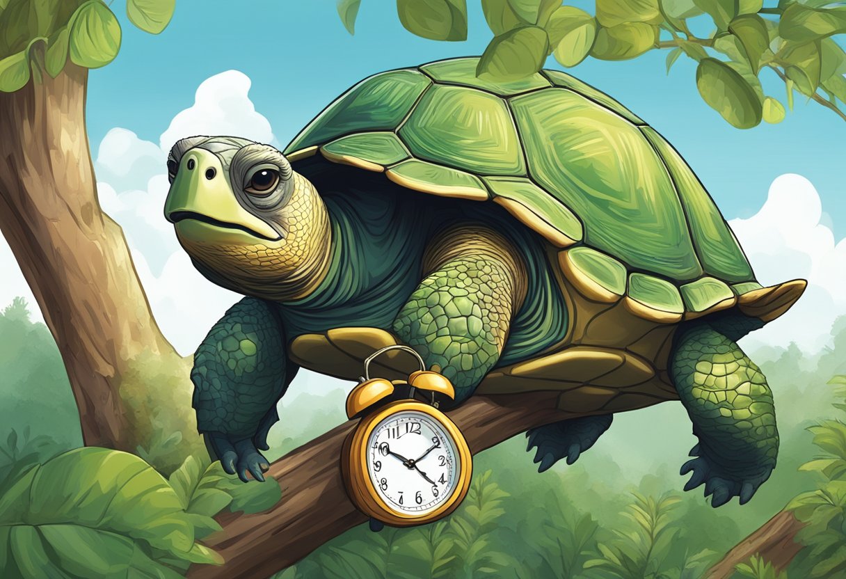 A clock with a sluggish second hand, a turtle moving in slow motion, a sloth leisurely climbing a tree