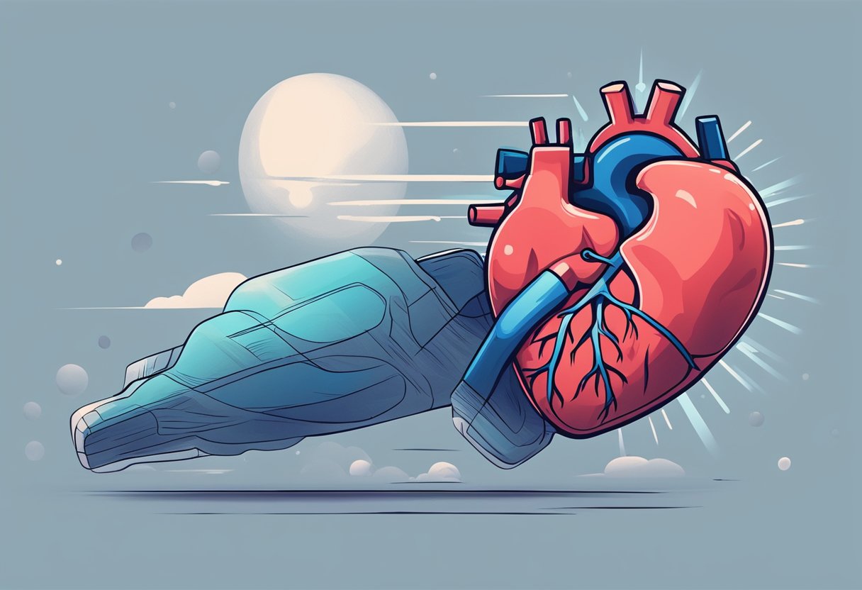 A heart beating rapidly while lying down, with a sense of urgency and intensity. The surroundings are calm, but the heart is racing