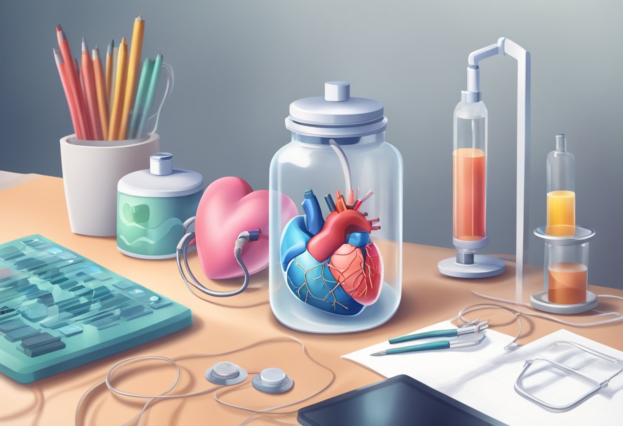 A healthy heart beats in a glass jar, surrounded by medical equipment and monitoring devices. A sense of hope and new life fills the room