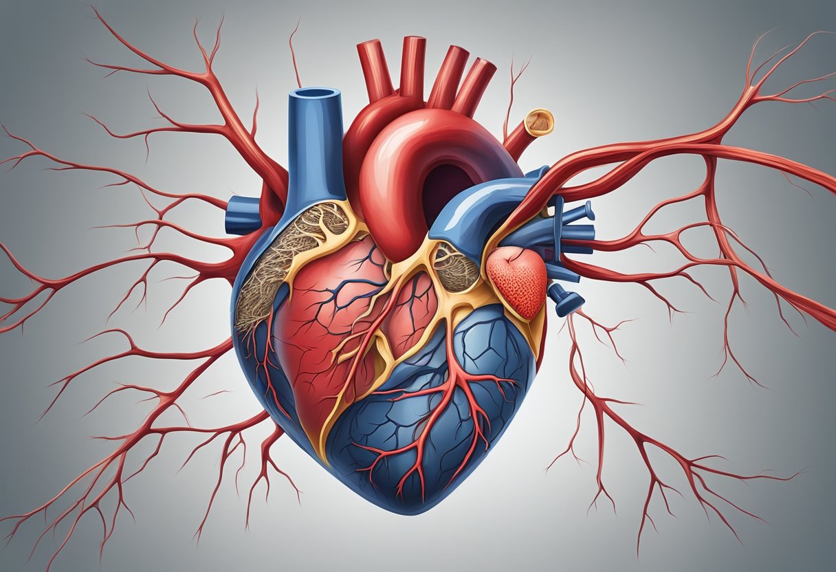 A heart clutching in pain, struggling to pump blood, surrounded by constricted arteries and overwhelmed by fluid buildup