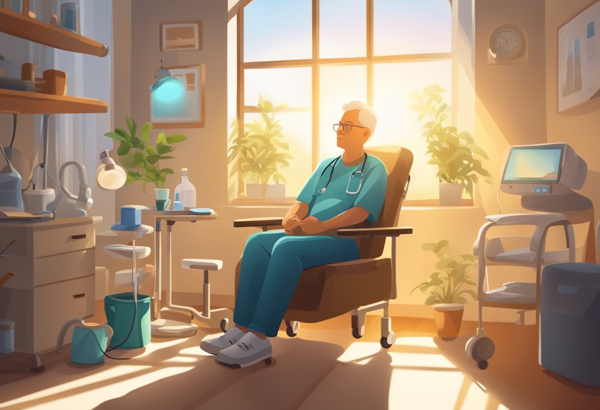 A patient sits in a cozy armchair, surrounded by medical equipment and rehabilitation tools. Sunlight streams through the window, casting a warm glow on the peaceful scene