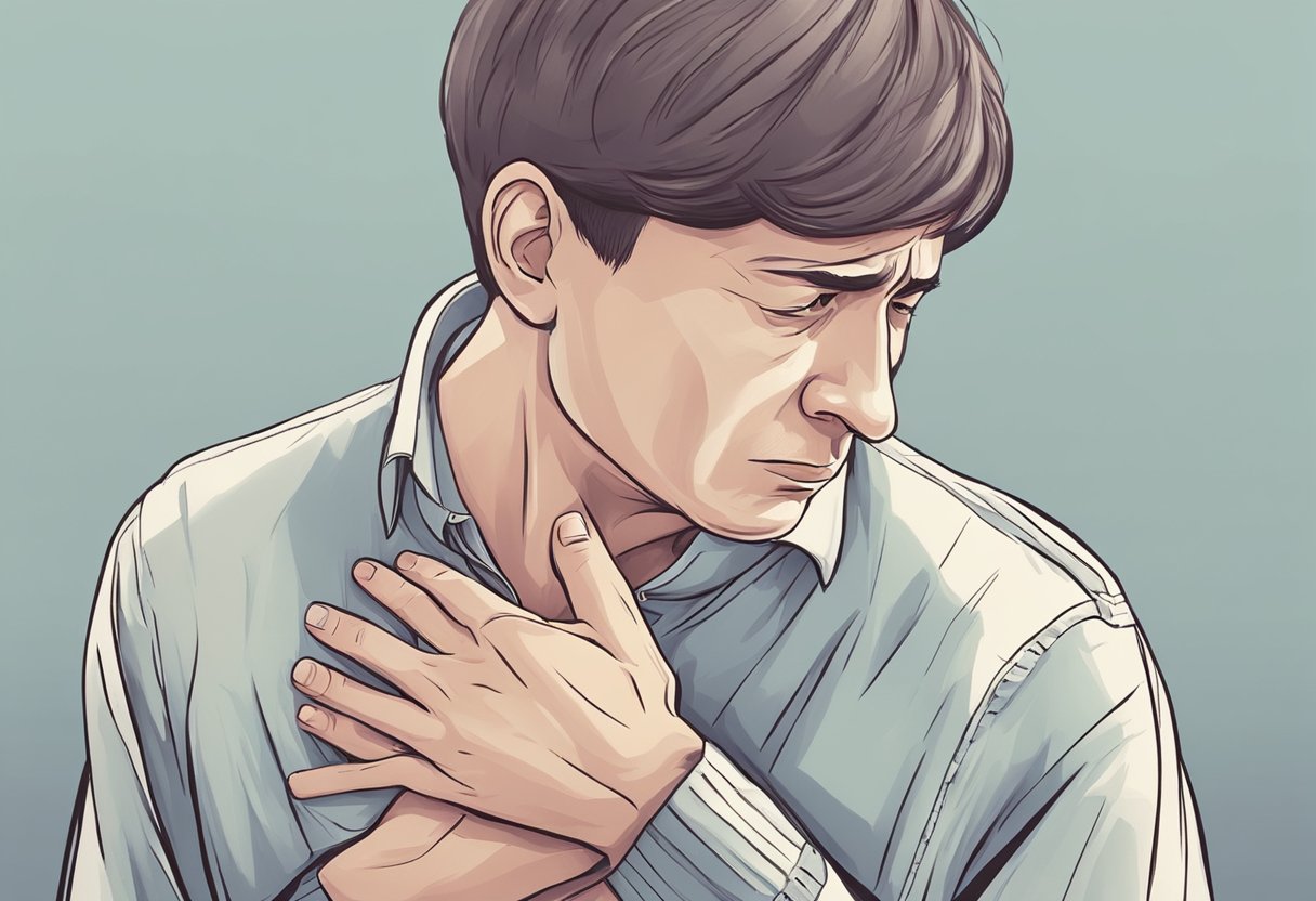 A person clutching their chest in pain, with a strained expression on their face, as they struggle to breathe due to angina and heart failure