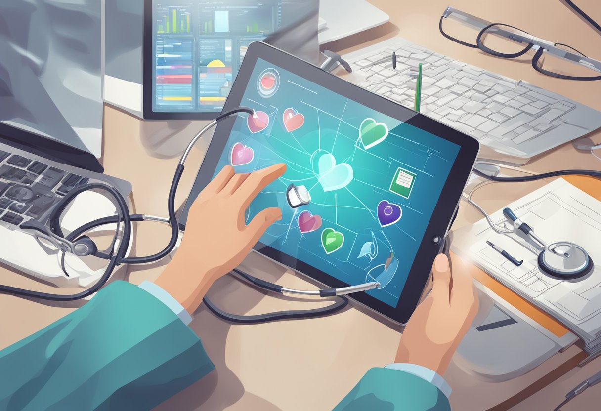 A person holding a stethoscope to a heart-shaped diagram on a tablet, surrounded by medical books and a computer displaying heart-related information