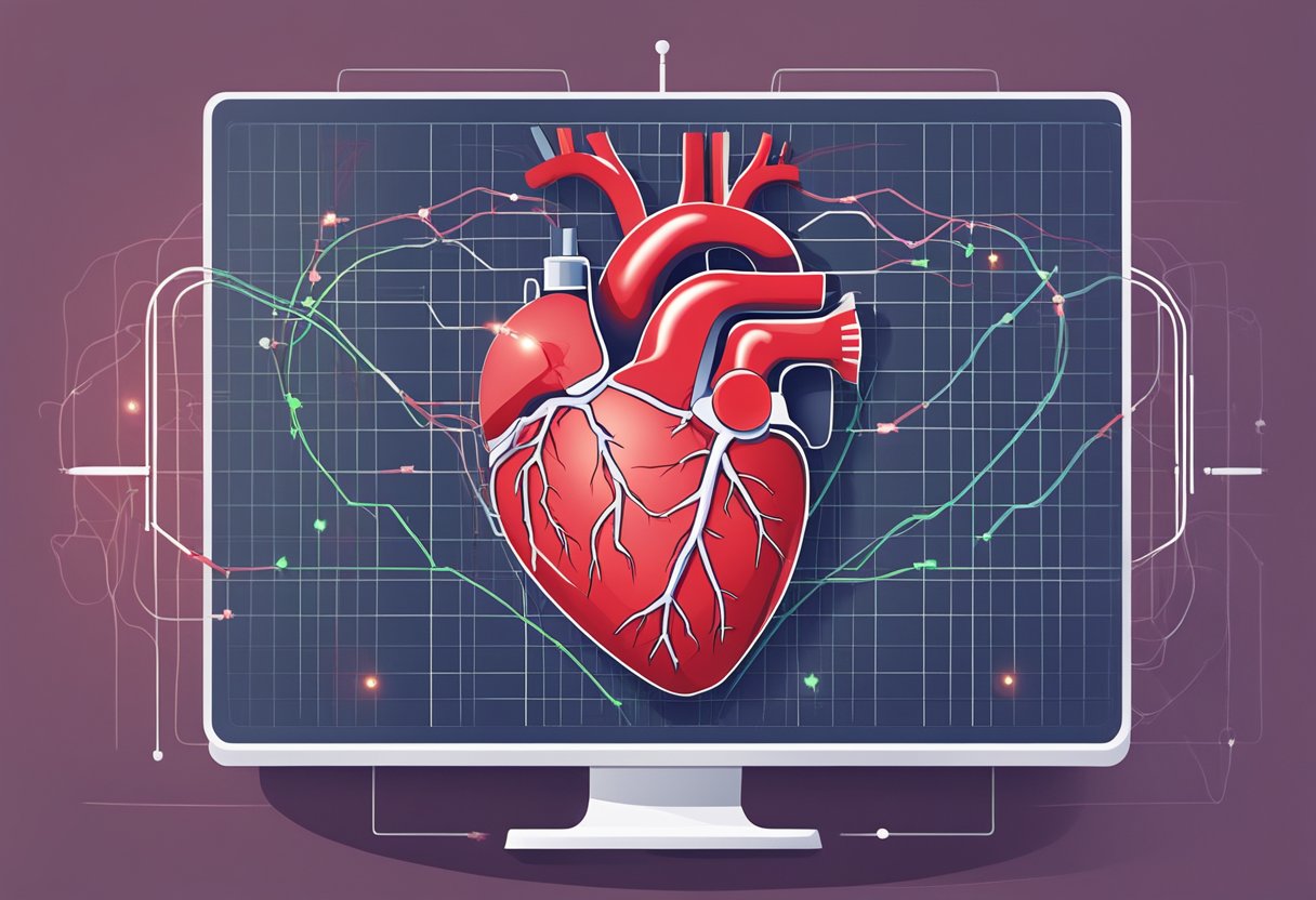 A heart-shaped organ surrounded by a network of blood vessels, with arrows pointing towards the heart to represent blood flow and a monitor displaying heart rate and rhythm