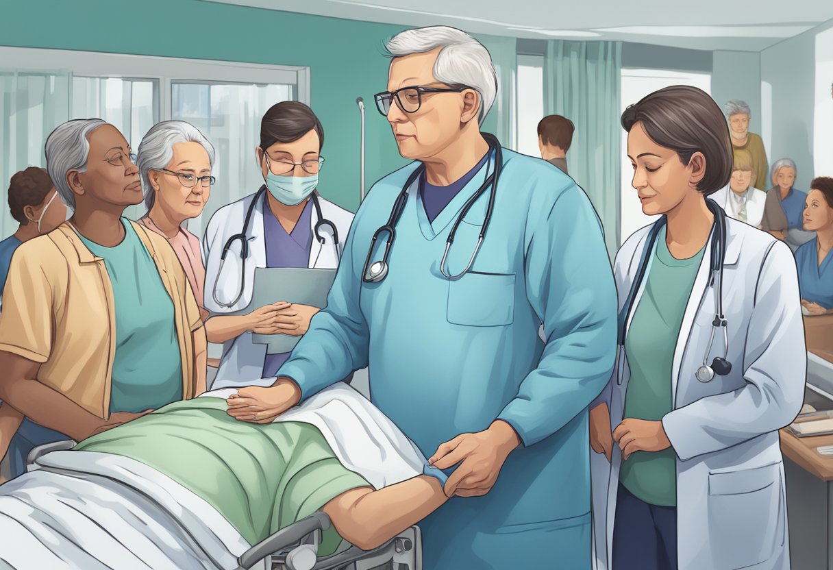 A patient recovering from heart bypass surgery follows a list of frequently asked questions, surrounded by supportive medical staff and family members