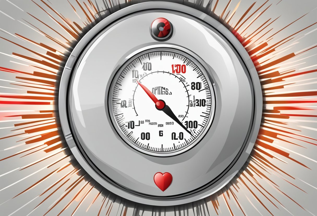 A heart with red pulsating lines, surrounded by a pressure gauge and a warning sign