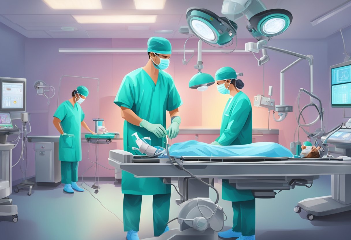 A doctor performing a heart transplant surgery in a bright, sterile operating room