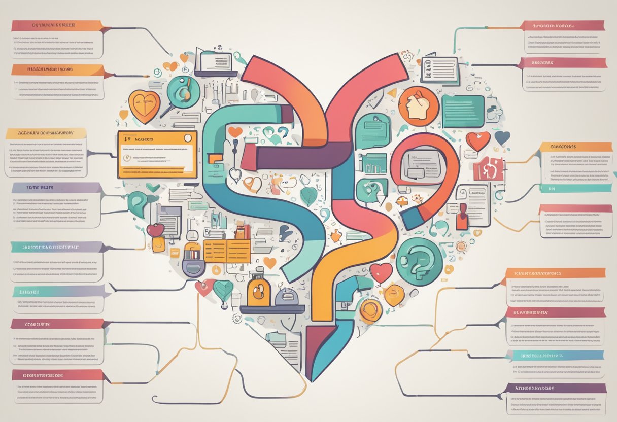 A heart with a question mark hovering above it, surrounded by a list of common questions related to heart failure