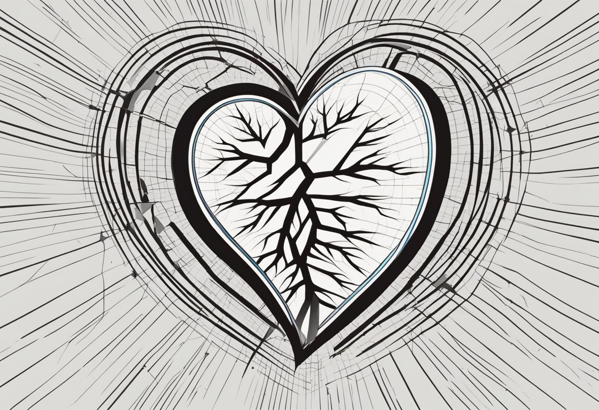 A heart symbol surrounded by jagged lines representing high blood pressure, with a crack running through the symbol, symbolizing the link between high blood pressure and heart attacks