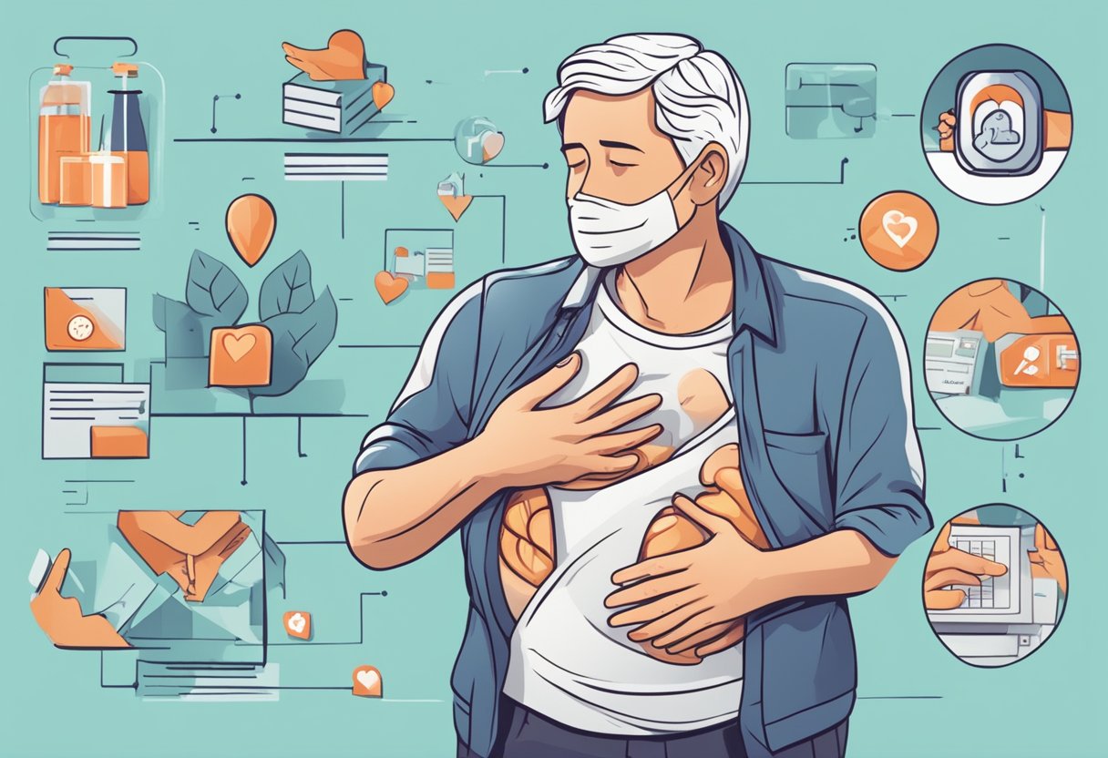 A person collapsed, clutching their chest, surrounded by FAQ signs about high blood pressure and heart attacks