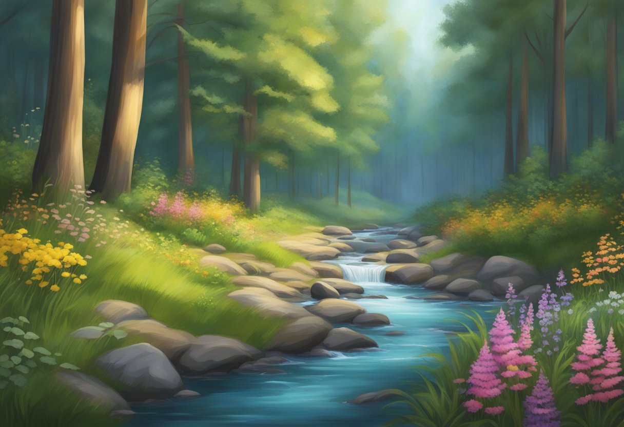 A serene forest clearing with a gently flowing stream, surrounded by tall trees and colorful wildflowers