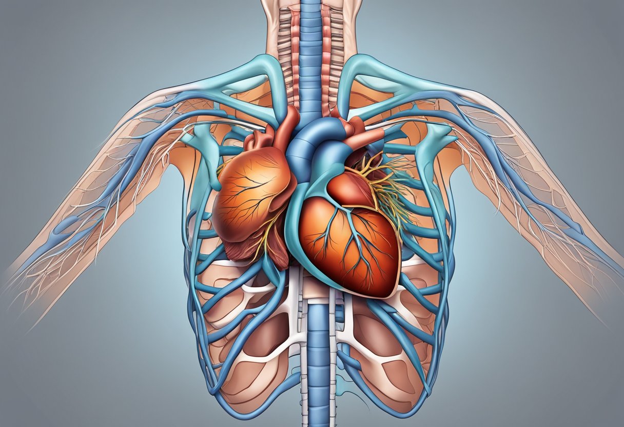 The human heart is located in the chest, slightly to the left of the midline, between the lungs and behind the sternum