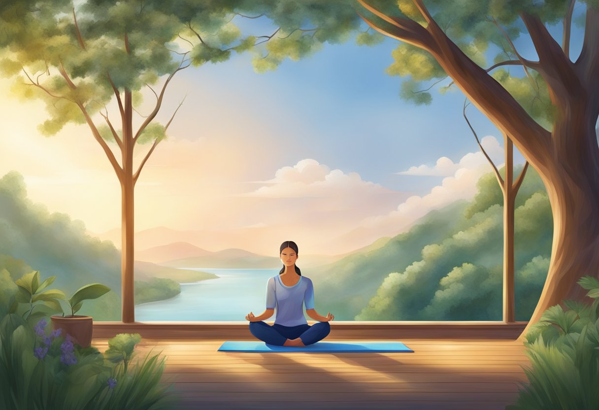 A serene setting with calm surroundings and gentle activities, such as deep breathing and yoga, to lower heart rate