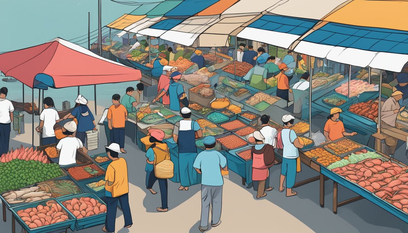 A bustling seafood market in Pasir Gudang, with colorful stalls and vendors showcasing an array of fresh seafood. Customers eagerly sample and purchase the day's catch