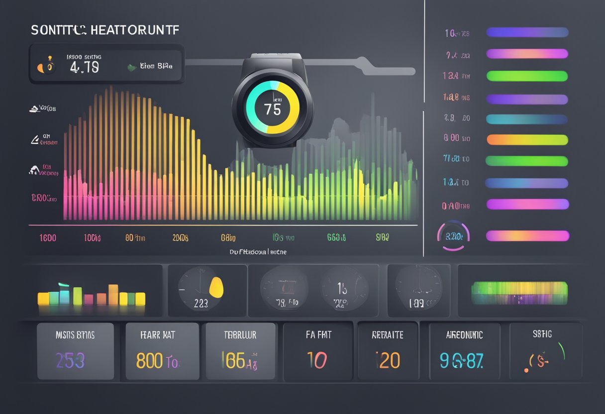 A heart rate monitor displays different zones: resting, fat-burning, aerobic, anaerobic, and max