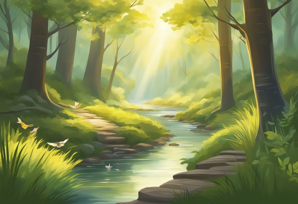 A serene forest with a winding stream, sunlight filtering through the trees, birds chirping, and a gentle breeze rustling the leaves