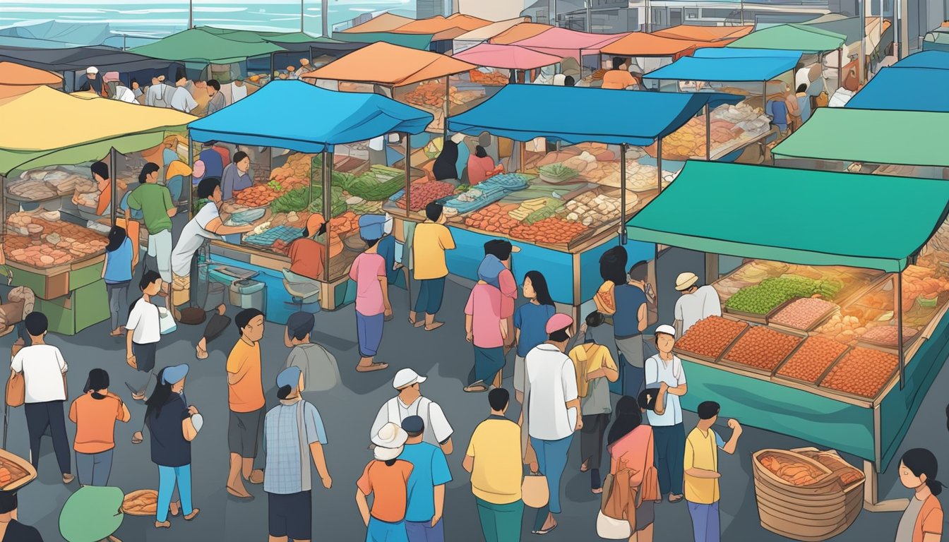 A bustling seafood market near Batam Center, Singapore, with colorful stalls, fresh catches, and busy vendors