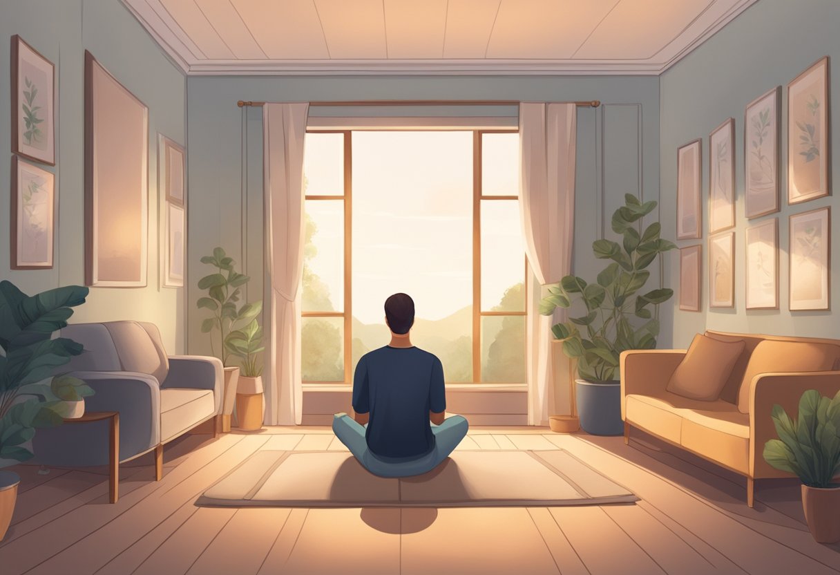 A person sits in a quiet room, taking slow, deep breaths. A calming scene surrounds them, with soft lighting and peaceful surroundings